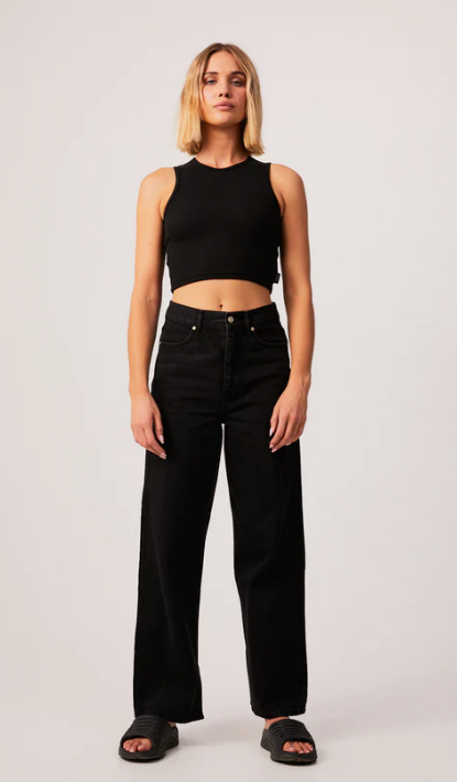DALSTON HEMP RIBBED TANK BLACK AFENDS LADIES CLOTHING SINGLET TOP CROPPED HIGH ROUNDED NECK LINE FITTED SILOHOUETTE
