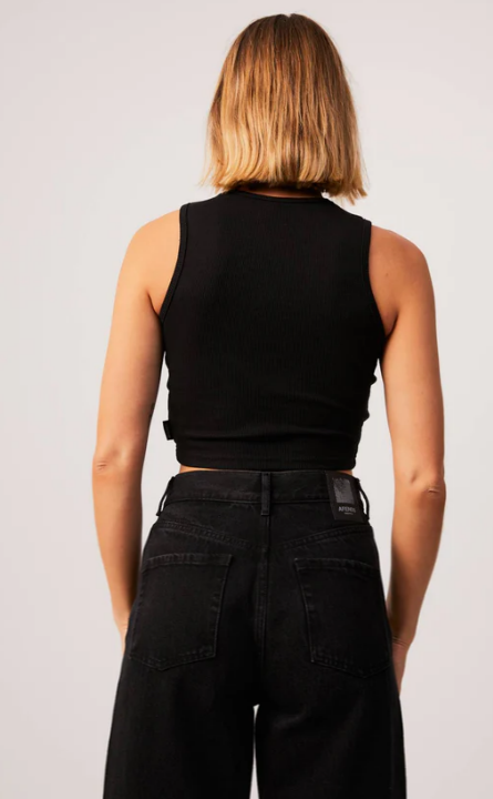 DALSTON HEMP RIBBED TANK BLACK AFENDS LADIES CLOTHING SINGLET TOP CROPPED HIGH ROUNDED NECK LINE FITTED SILOHOUETTE
