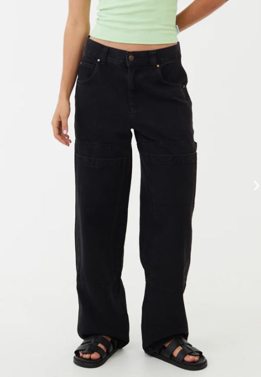 ORGANIC DENIM CARPENTER JEANS WASHED BLACK AFENDS LADIES PANTS STRAIGHT LEG BLACK POCKETS OVERSIZED MOSS WIDE LEGGED WOMENS