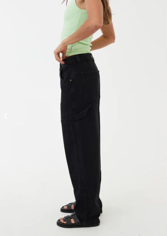 ORGANIC DENIM CARPENTER JEANS WASHED BLACK AFENDS LADIES PANTS STRAIGHT LEG BLACK POCKETS OVERSIZED MOSS WIDE LEGGED WOMENS