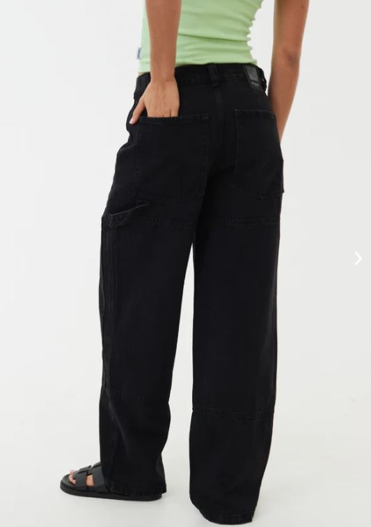 ORGANIC DENIM CARPENTER JEANS WASHED BLACK AFENDS LADIES PANTS STRAIGHT LEG BLACK POCKETS OVERSIZED MOSS WIDE LEGGED WOMENS