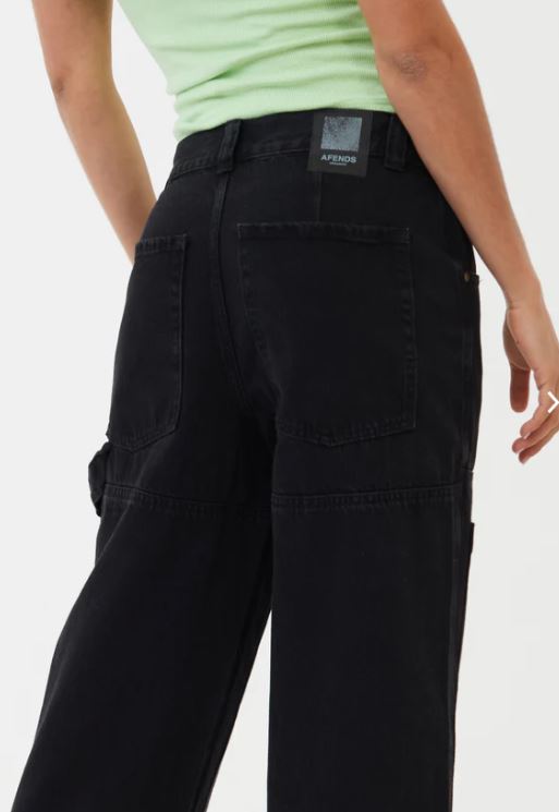 ORGANIC DENIM CARPENTER JEANS WASHED BLACK AFENDS LADIES PANTS STRAIGHT LEG BLACK POCKETS OVERSIZED MOSS WIDE LEGGED WOMENS