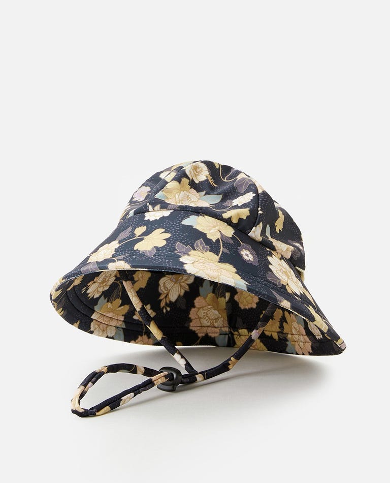 ALOHA SURF SWIM HAT - MINI WASHED BLACK RIPCURL GIRLS YOUTH HEADWEAR FLORAL PATTERN WATER PROOF BUCKET HAT