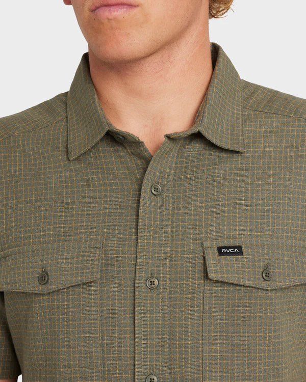COSTA PLAID SAGE GREEN RVCA MENS COLLARED SHIRT POCKETS LOGO BOYS CHECKERED CHECK