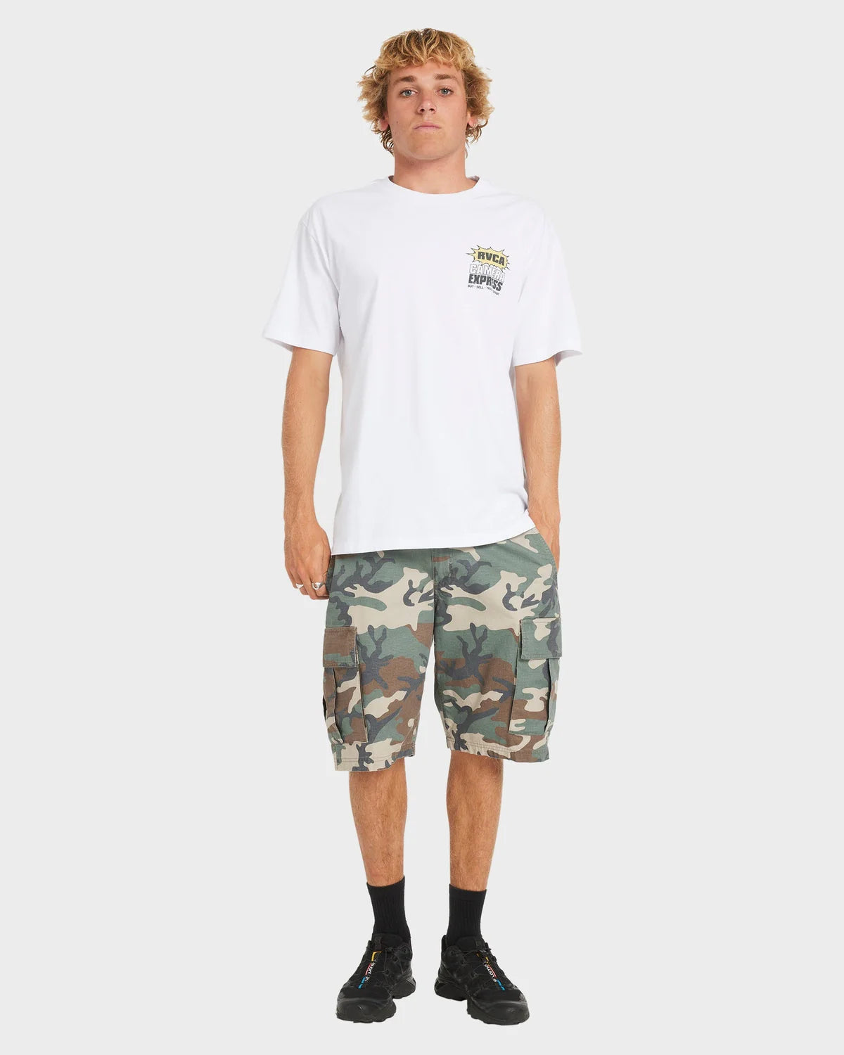 CAMERA EXPRESS SS MENS SHORT SLEEVE T-SHIRT RVCA IMAGE COTTON HEAVY WEIGHT RELAXED FIT LARGE PRINT WHITE