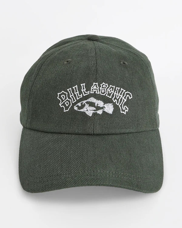 OTIS ESTUARY DAD CAP BILLABONG WOMENS HAT PINE GREEN FISH STITCHING Dad cap Fitted construction Adjustable snapback Exterior branding embroidery and print