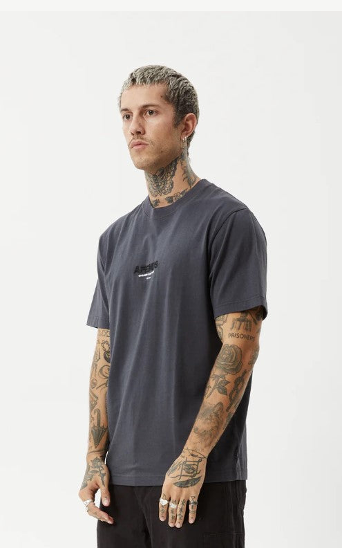 AFENDS MENS T-SHIRT EMBROIDED PRINT RIBBED CREW NECK VINYL RETRO TEE CHARCOAL MENS TEE