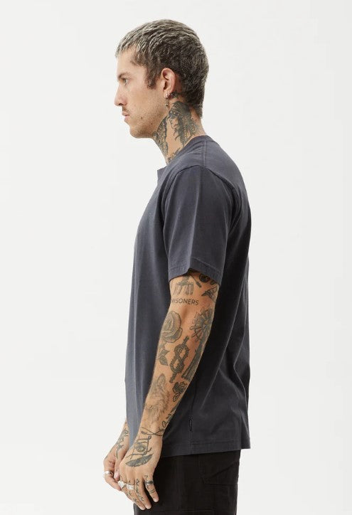 AFENDS MENS T-SHIRT EMBROIDED PRINT RIBBED CREW NECK VINYL RETRO TEE CHARCOAL MENS TEE