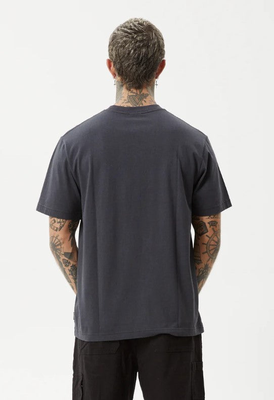 AFENDS MENS T-SHIRT EMBROIDED PRINT RIBBED CREW NECK VINYL RETRO TEE CHARCOAL MENS TEE
