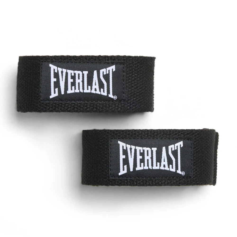 Two black wrist wraps with 'Everlast' branding on a white background