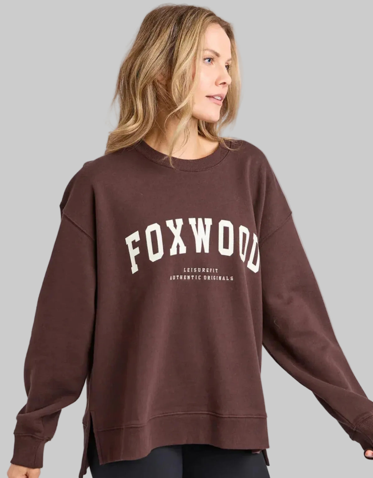 foxwood brown jumper with foxwood written across the front