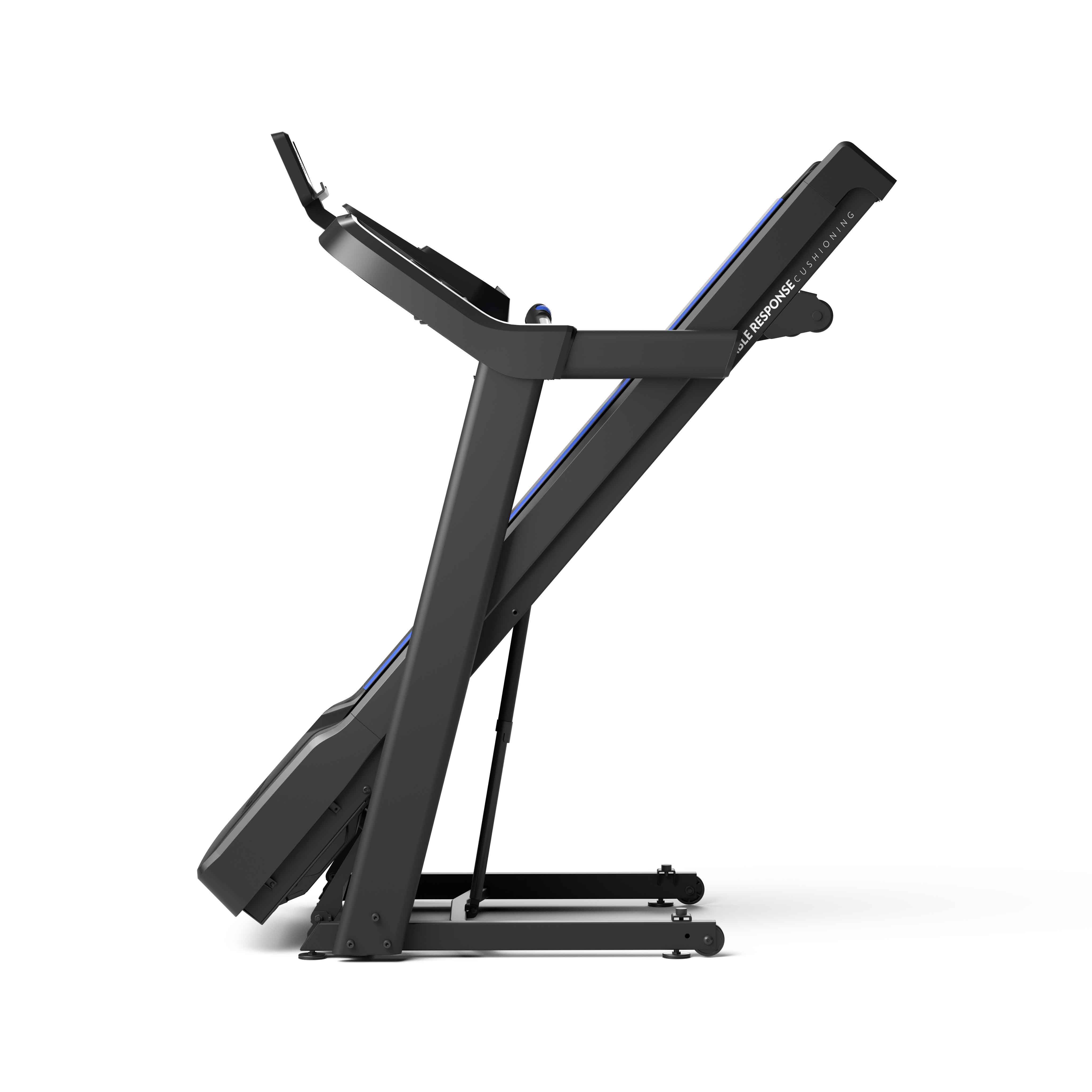 HORIZON 5.0 TRADMILL AT-21 Bluetooth 4.0 FTMS On-Demand Fitness Effortless FeatherLight™ Folding EasyDial™ Thumb Controls Powerful 2.5 HP Motor Speed Range: 0.8 – 16 km/h | Incline Range: 0 – 10% black grey blue Assembled: 179 x 85 x 150 cm | Folded: 116 x 85 x 154 cm