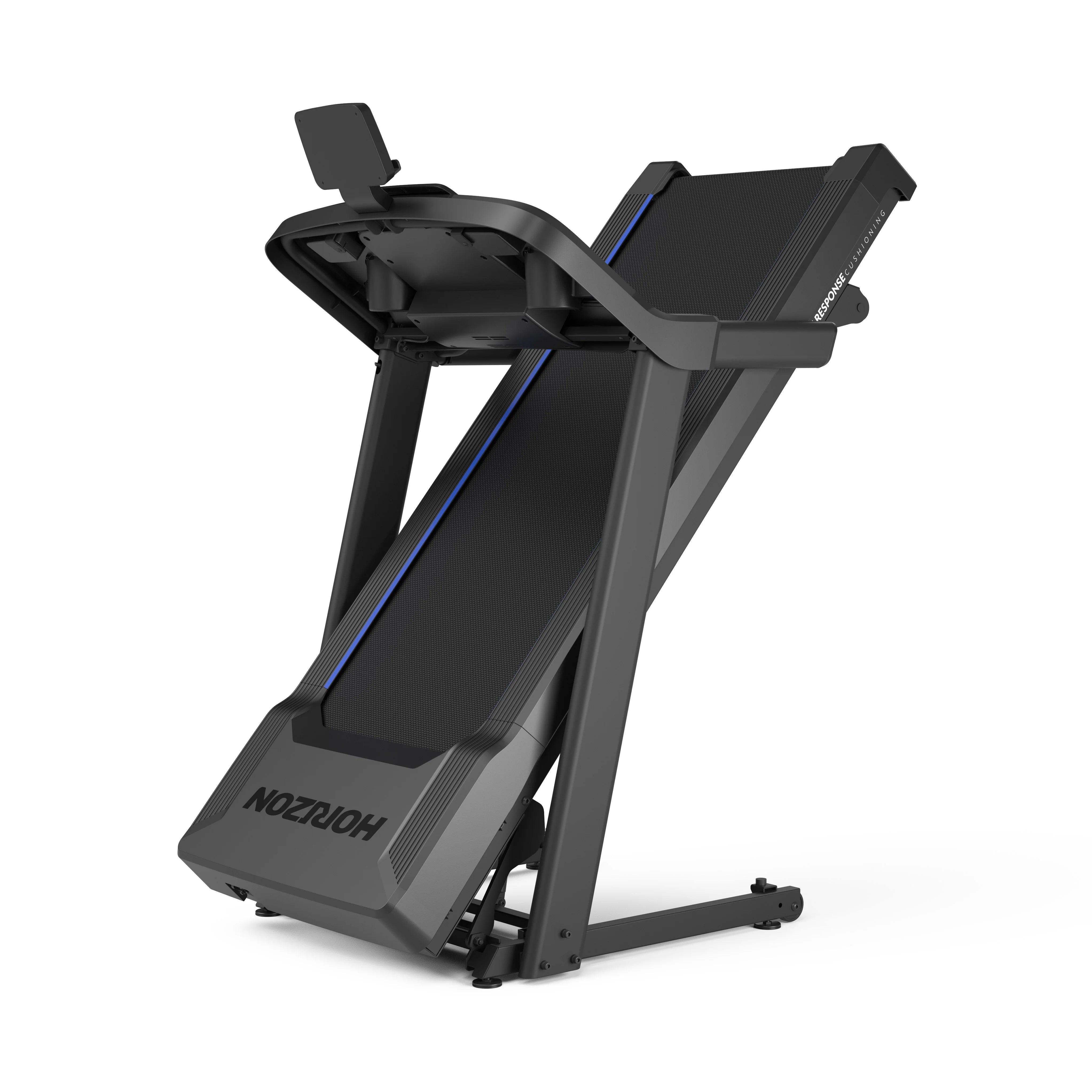 HORIZON 5.0 TRADMILL AT-21 Bluetooth 4.0 FTMS On-Demand Fitness Effortless FeatherLight™ Folding EasyDial™ Thumb Controls Powerful 2.5 HP Motor Speed Range: 0.8 – 16 km/h | Incline Range: 0 – 10% black grey blue Assembled: 179 x 85 x 150 cm | Folded: 116 x 85 x 154 cm