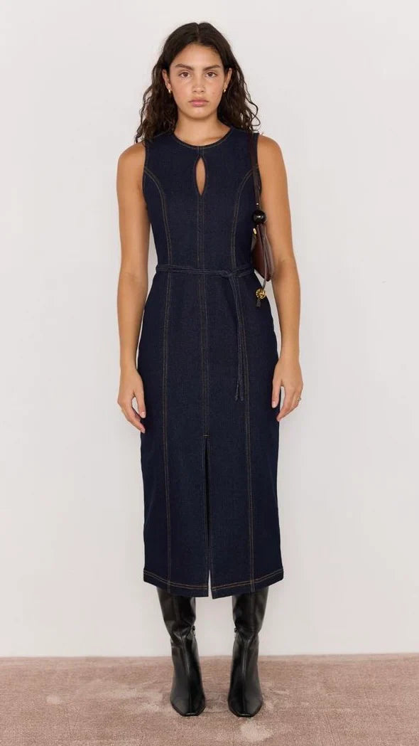 RAYA DENIM BELTED MIDI DRESS