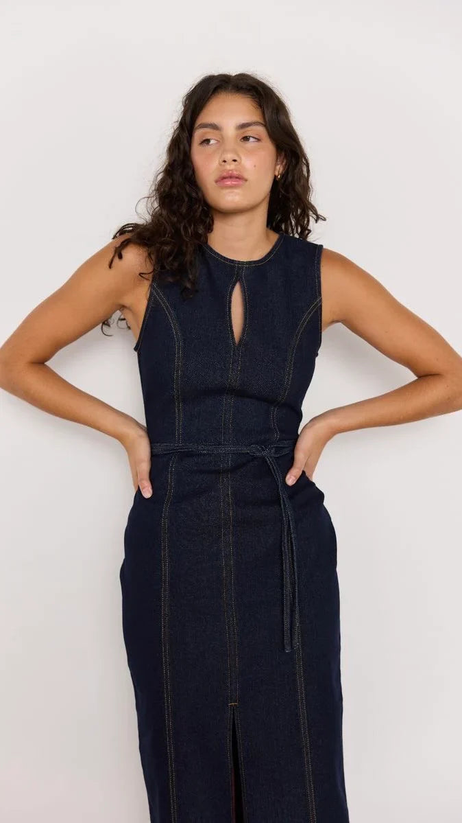 RAYA DENIM BELTED MIDI DRESS