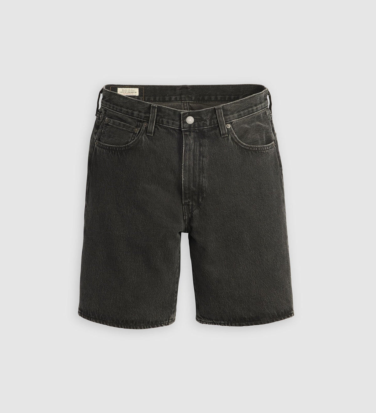 A pair of dark gray washed denim shorts with a button fly and five-pocket design, shown flat on a light gray background.