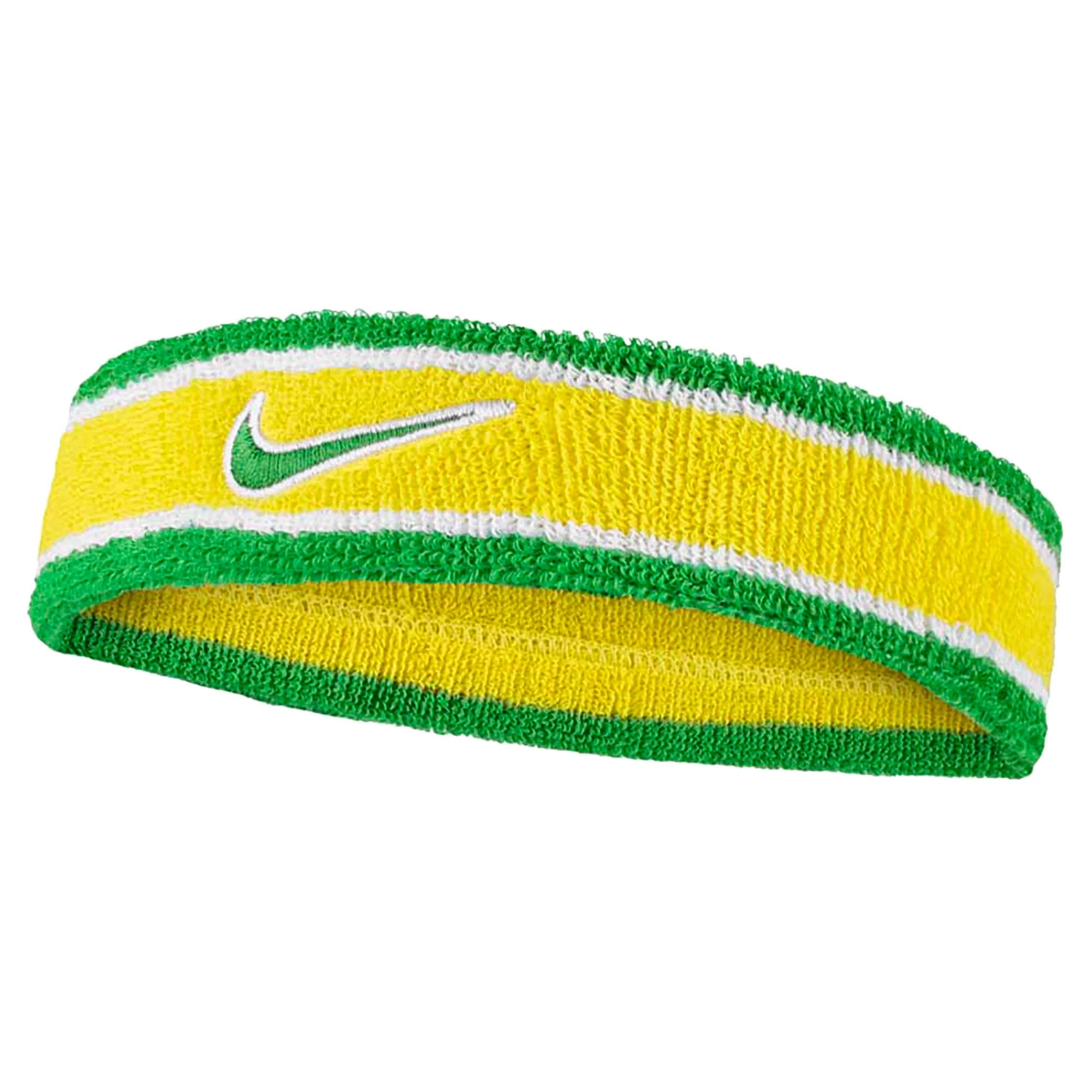 Yellow headband with green and white stripes and Nike logo on a white background