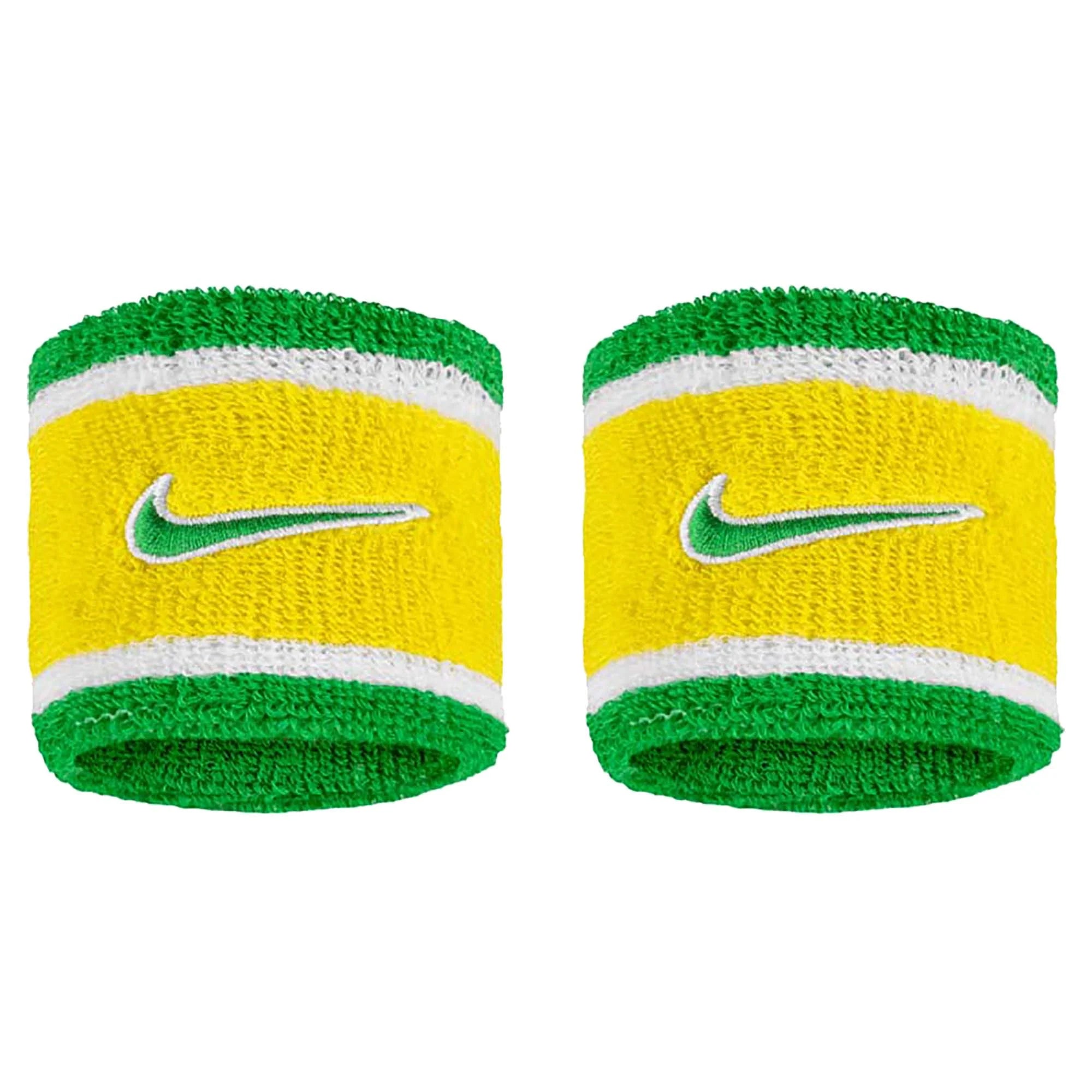 Two yellow wristbands with green edges and Nike logo on a white background