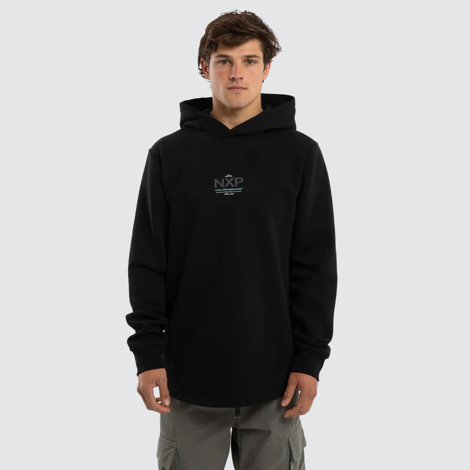 Person wearing a black hoodie with NXP logo on a light gray background