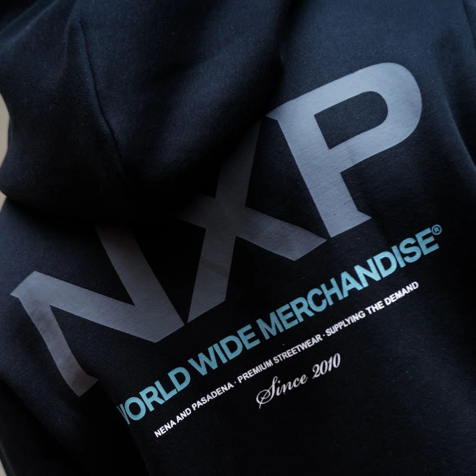 Black hoodie with 'NXP' branding and text on a dark background