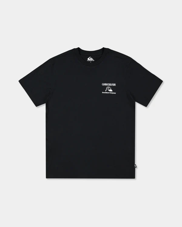 A black short-sleeve t-shirt with a small white chest graphic and logo, displayed flat against a light gray background.