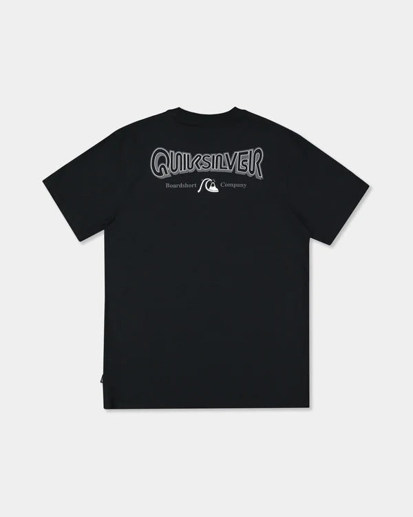 A black short-sleeve t-shirt with a white graphic print on the chest reading 'Quiksilver' and 'Wave Rider Company' with the brand's logo, displayed flat against a light gray background.
