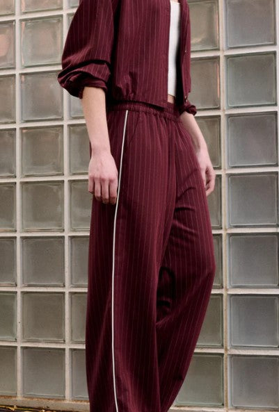 REED RELAXED PANT WINE PINSTRIPE WOMENS PANT RED CREAM