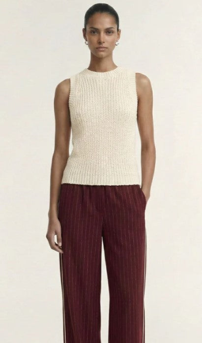 REED RELAXED PANT WINE PINSTRIPE WOMENS PANT RED CREAM