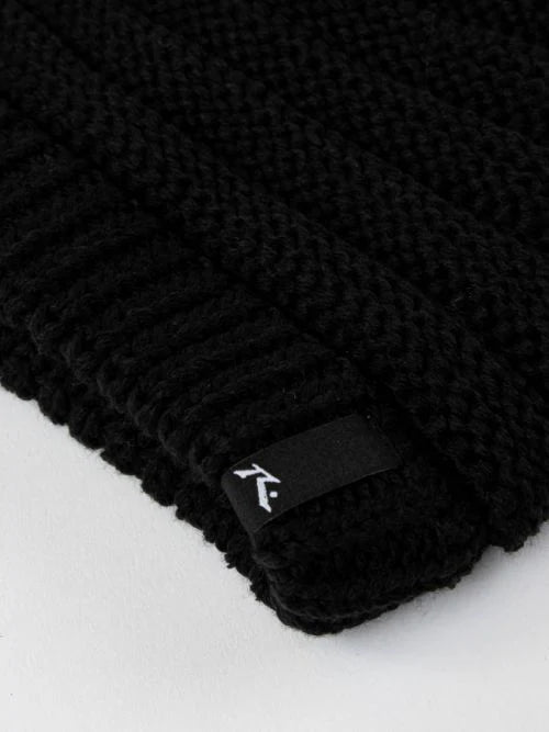 Black knit beanie with a brand logo on a light gray background
