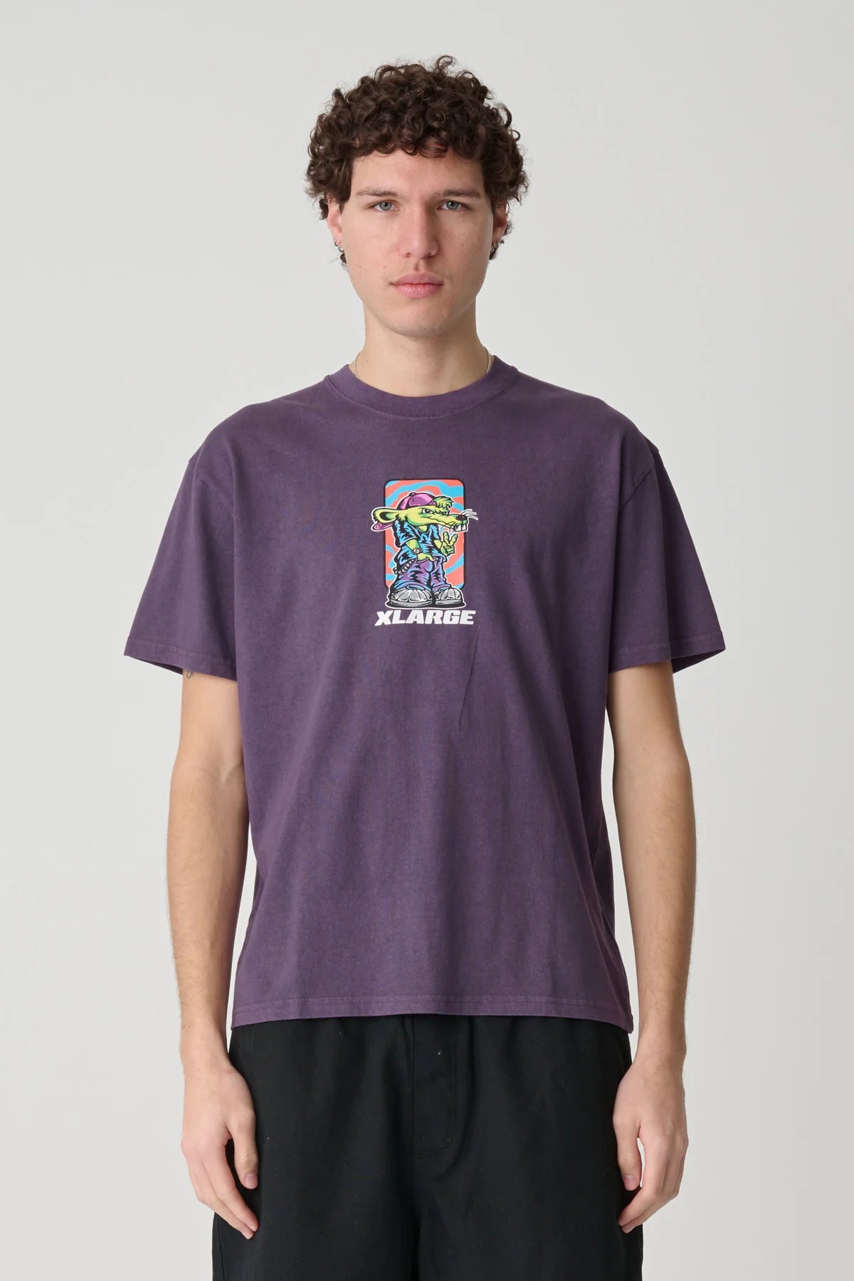 Person wearing a purple t-shirt with a colorful graphic and 'XLARGE' branding on a plain background
