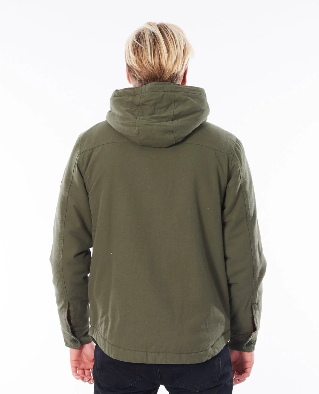 Person wearing a green jacket with a hood on a white background