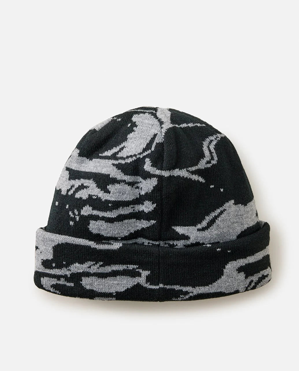 Black and gray camouflage patterned beanie on a white background