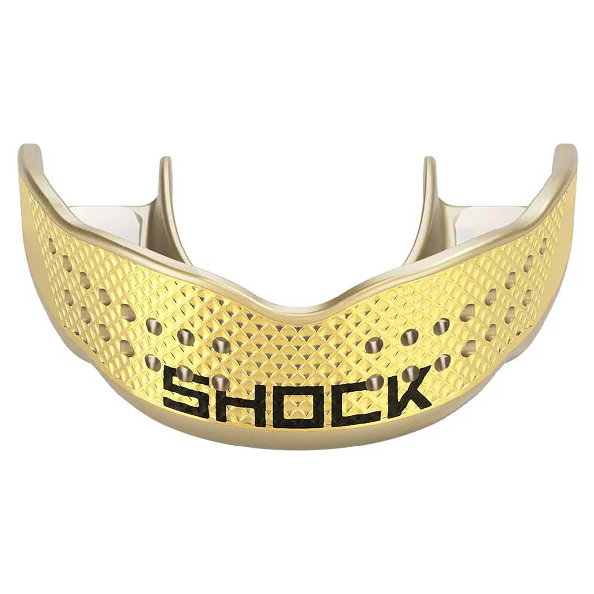 Gold mouthguard with 'SHOCK' branding on a white background