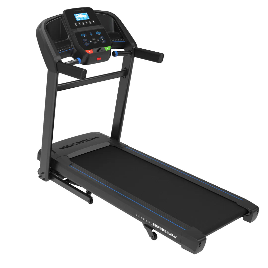 T202 TREADMILL HORIZON Bluetooth connects to your device to stream media through integrated speakers
Includes free app to control your workout and push data to favorite fitness apps, plus device holder and rapid-charge USB port
Quickly shift speed and incline with one-touch keys
Powerful, 2.75 CHP motor, that is tuned for interval training with quick speed and incline changes that match your workout pace.&nbsp;
60” 3-Zone cushioned deck for comfortable footfalls
Effortless folding design BLACK BLUE GREY