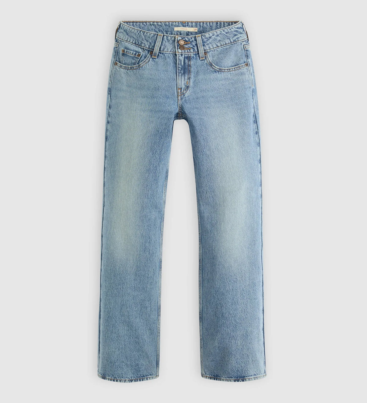 Light blue straight-leg denim jeans shown flat against a light gray background.