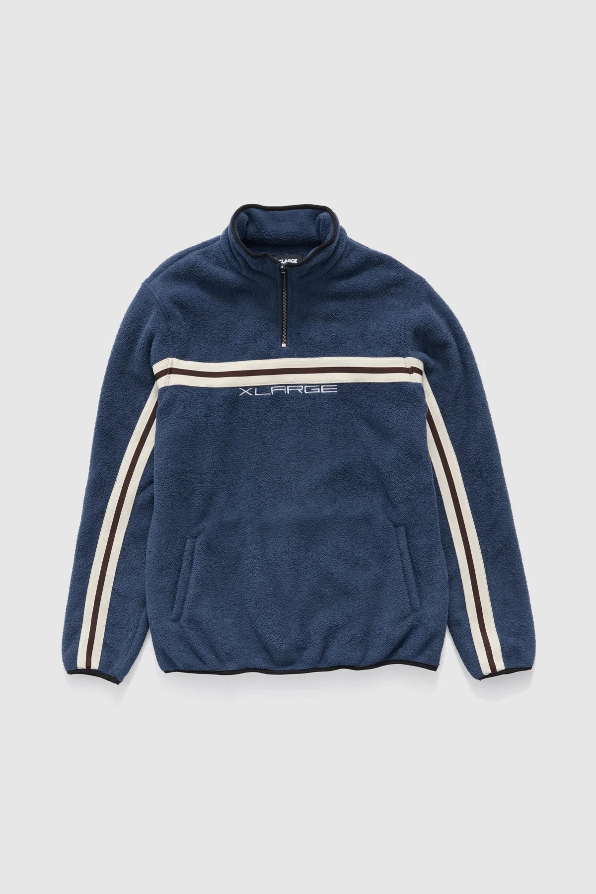 Blue fleece pullover with white stripes on a light gray background
