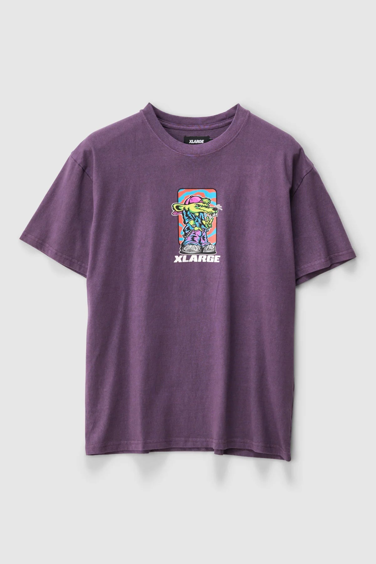 Purple t-shirt with a colorful 'XLARGE' graphic on a light gray background