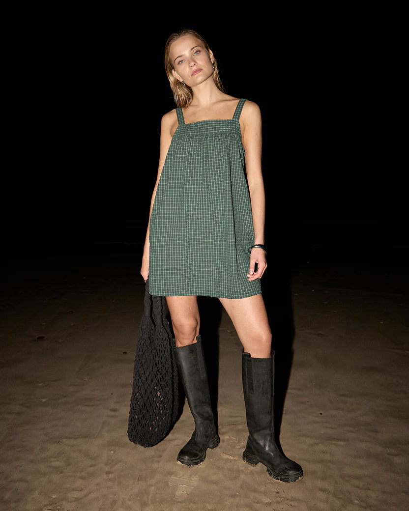 mini dress pine check shoestring strap