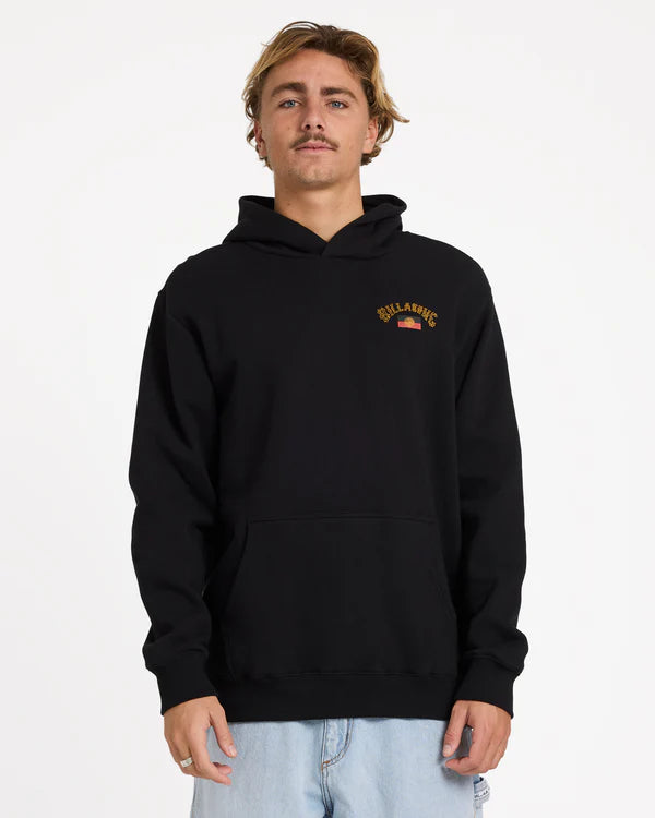 Person wearing a black hoodie with a logo on a white background