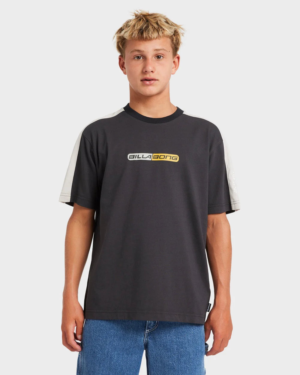 Person wearing a black t-shirt with a logo on a white background