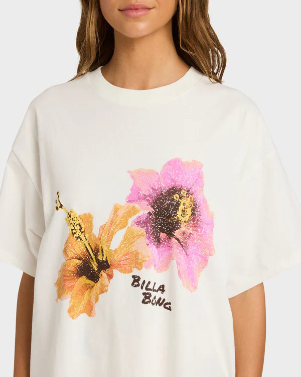 White t-shirt with floral designs and 'Billa Bong' text on a plain background