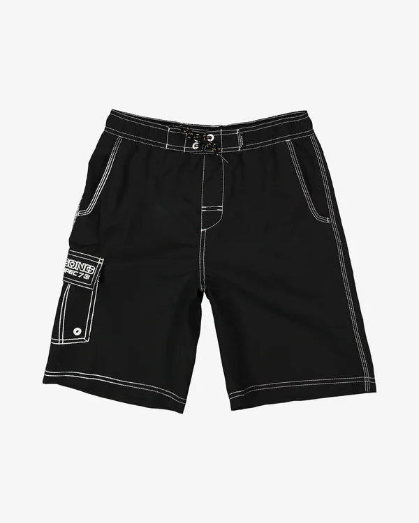 Black shorts with white stitching on a light gray background