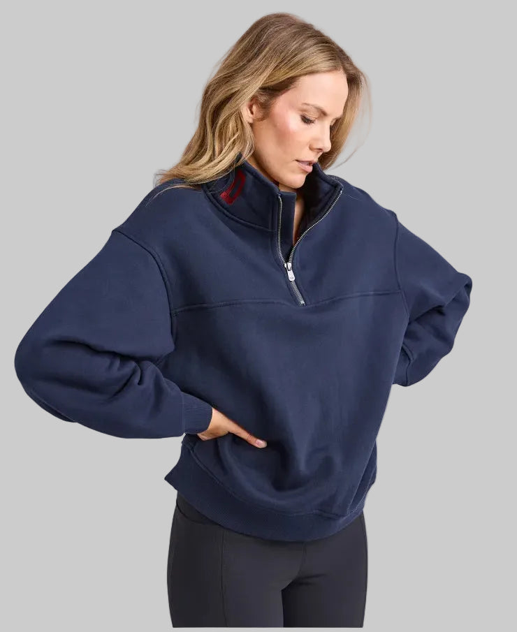 navy zip thru with red writing 