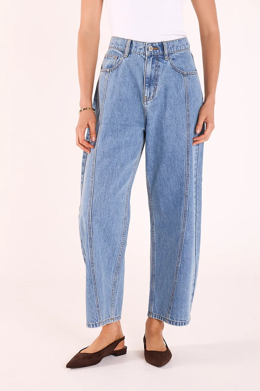cropped barrel blue jeans