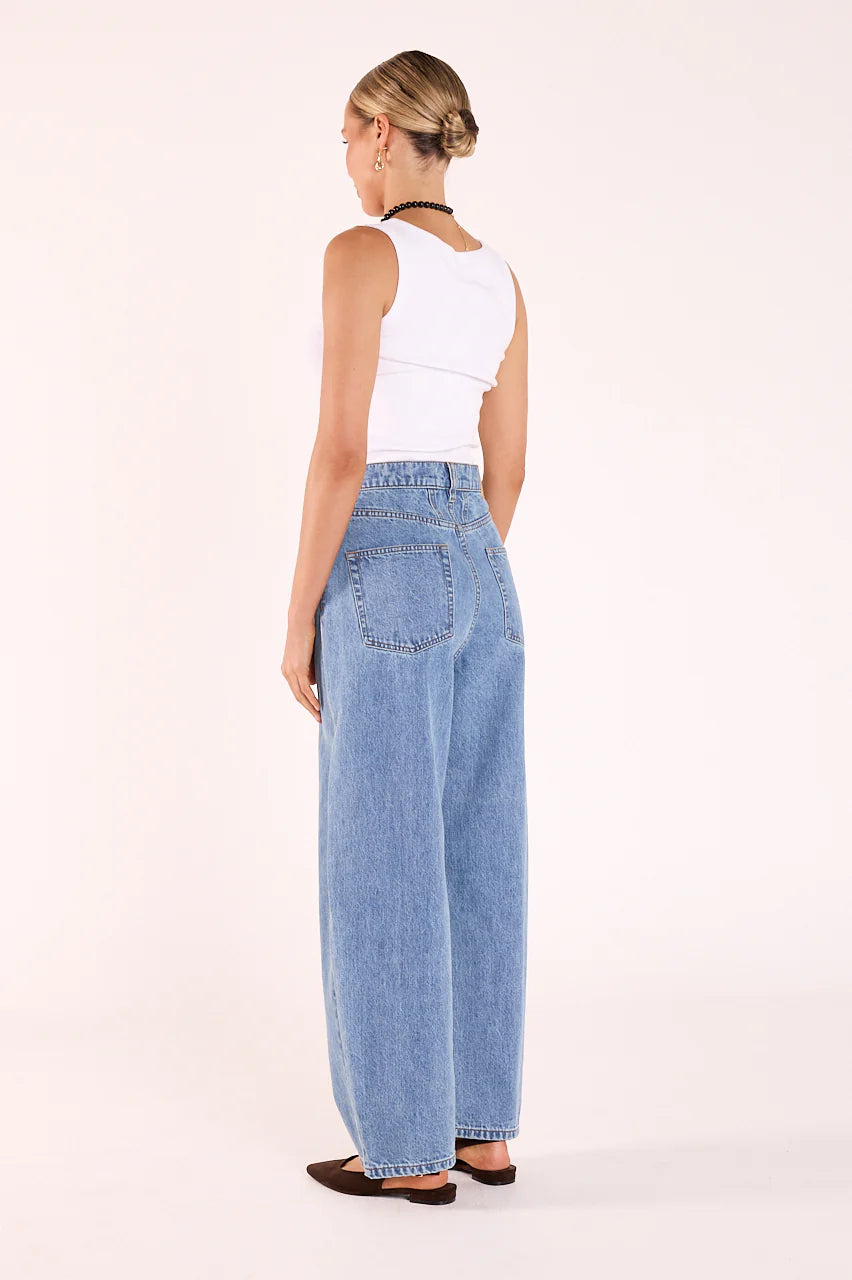 long blue barrel jean