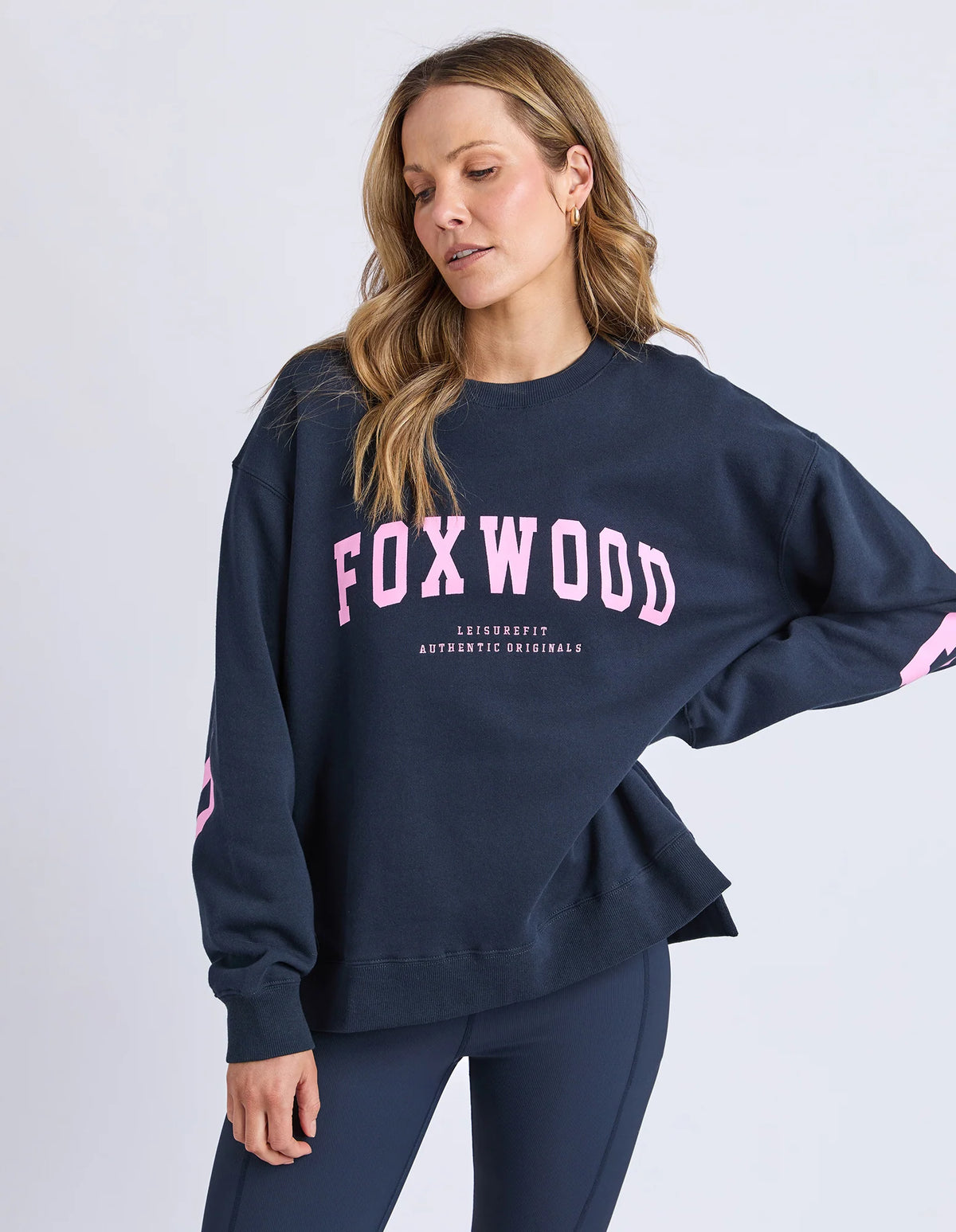 foxwood navy crew with pink writing on it