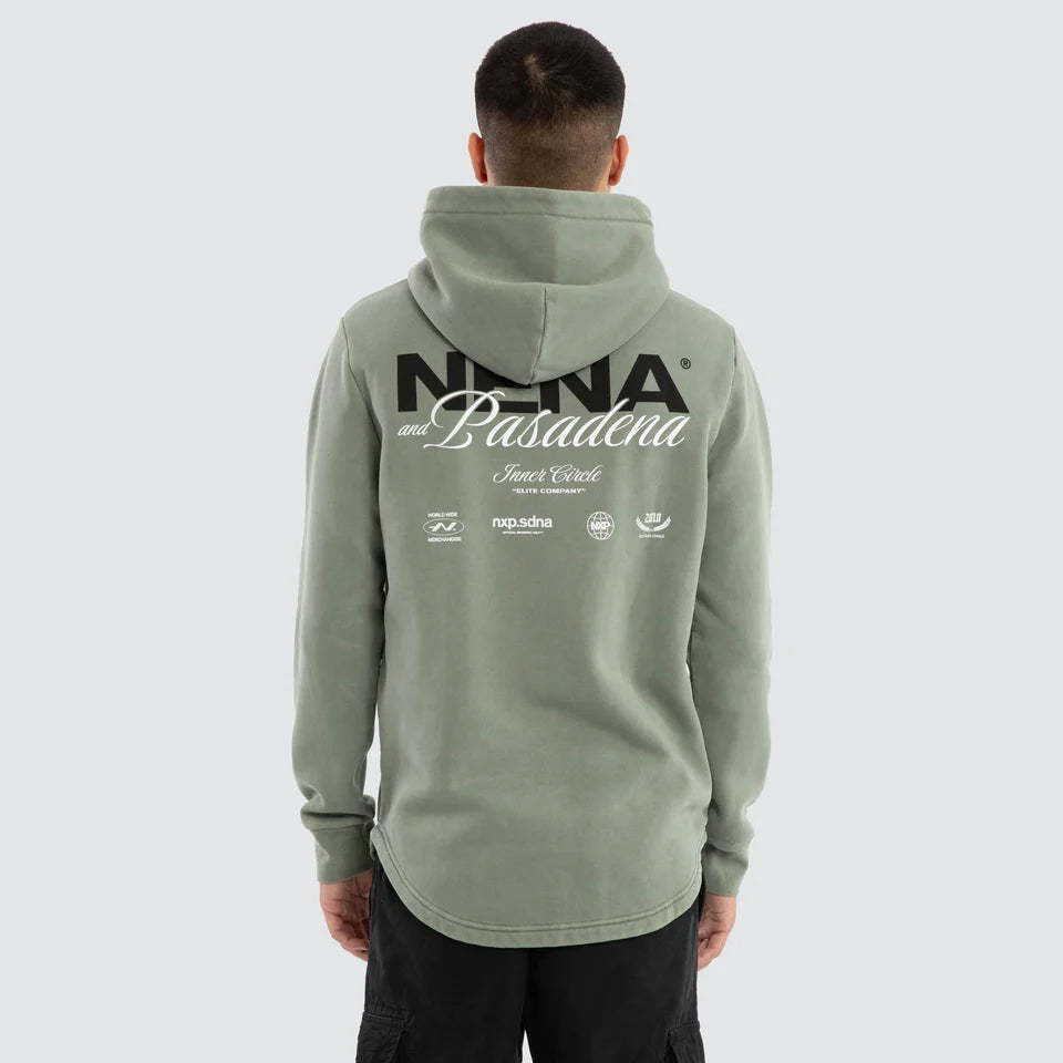 Person wearing a green hoodie with branding on the back against a white background
