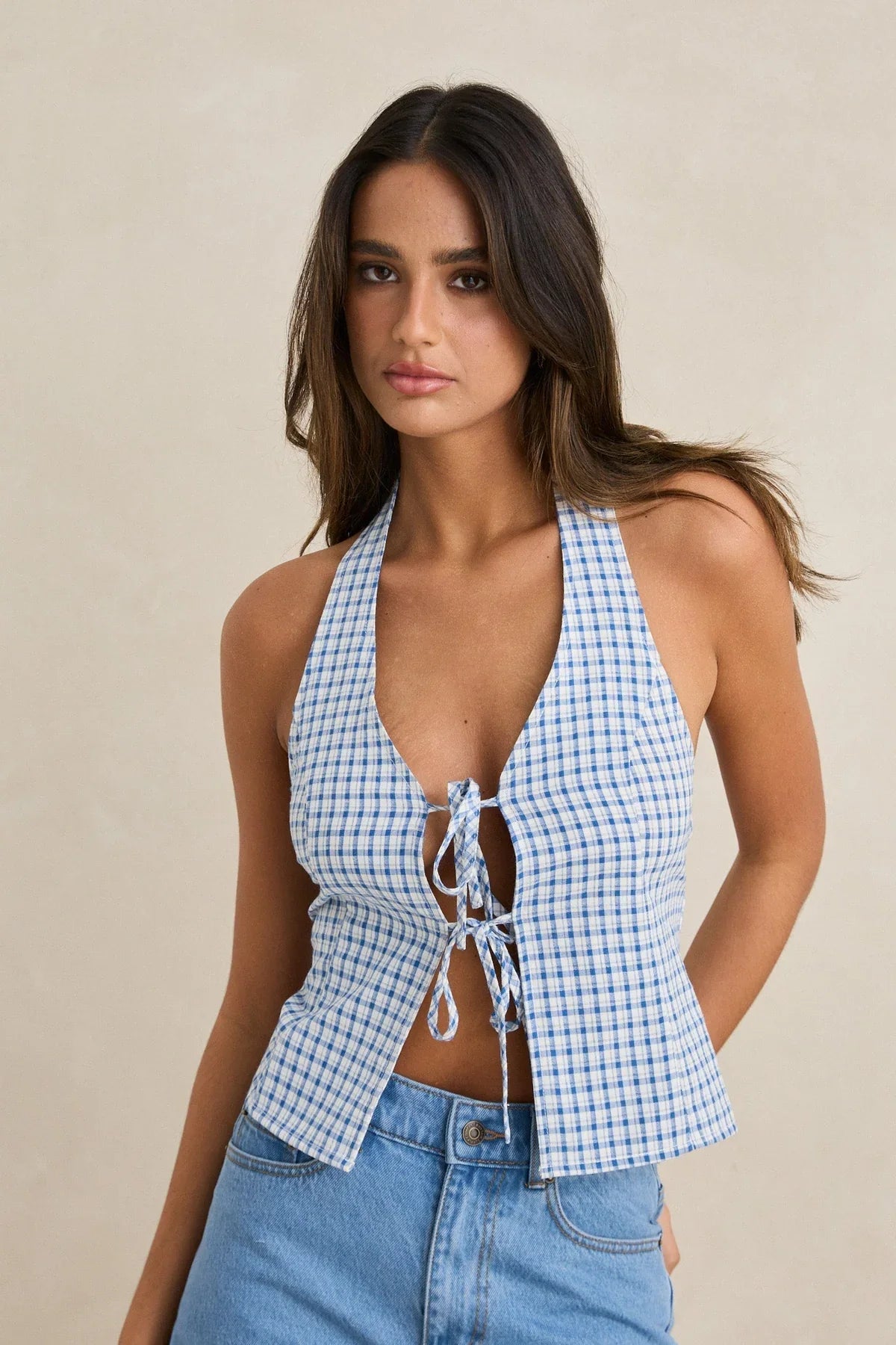 LOUISE TIE FRONT HALTER TOP