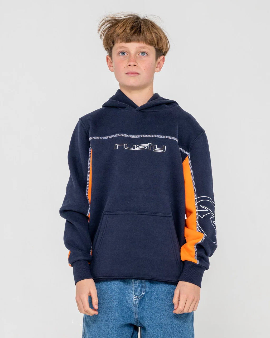 Child wearing a navy hoodie with orange accents and a visible brand logo on a white background