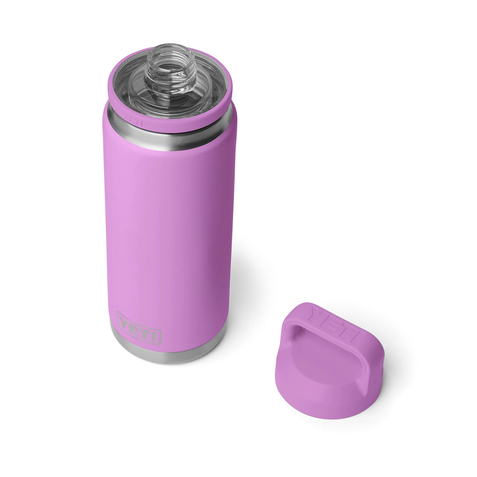 Purple insulated bottle with silver cap on a white background
